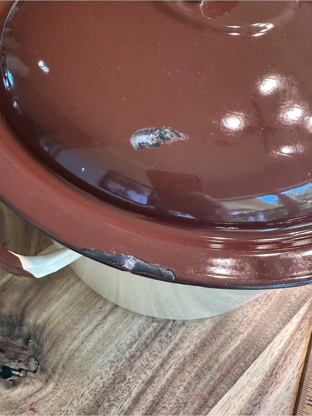 Vintage Enamelware Stockpot With Lid Cream Almond Beige Brown Trim Farmhouse